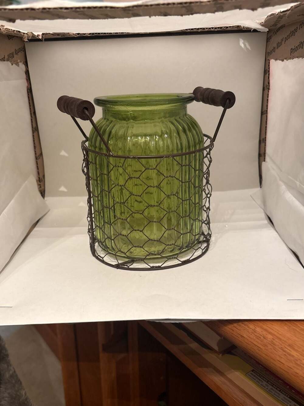 Imax Foley Wire Cage Small Jar Green Ribbed Glass Vase With Wood Handle